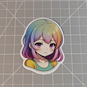 Rainbow Hair Anime Girl Die Cut Sticker | Cute anime stickers | Waifu Sticker | Anime Laptop sticker | Adorable Anime stickers