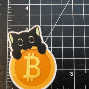 May include: A black cat with green ears peeking out from behind a large gold coin with a yellow Bitcoin symbol.