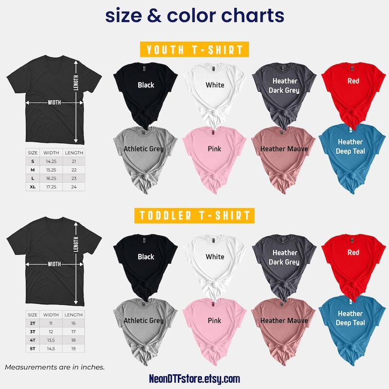 a t - shirt size chart with different colors and sizes