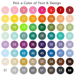 May include: A color chart with 64 different colors, numbered 1 through 64. The colors are arranged in a grid of 8 rows and 8 columns. The colors range from light to dark, and from cool to warm.