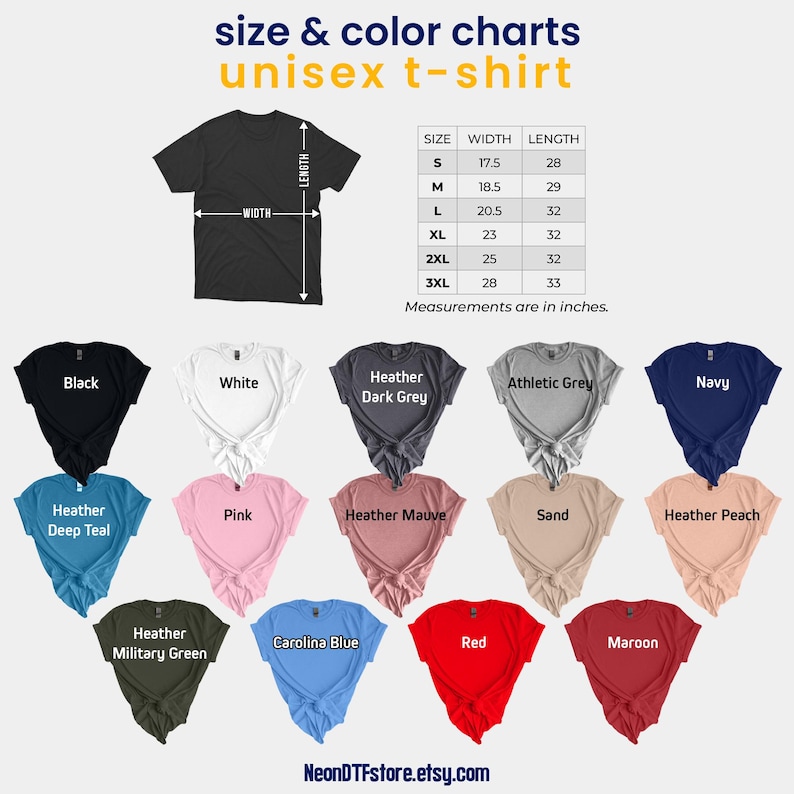 a t - shirt size chart with different colors and sizes