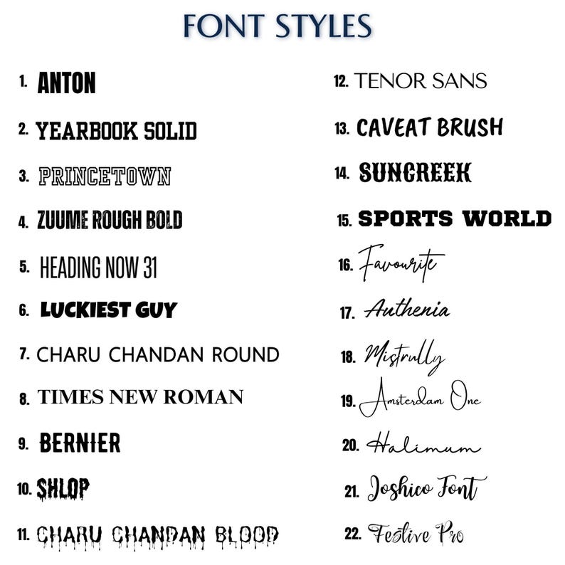 May include: A list of 22 different font styles, with each font style name written in the corresponding font. The font styles are numbered 1 through 22.