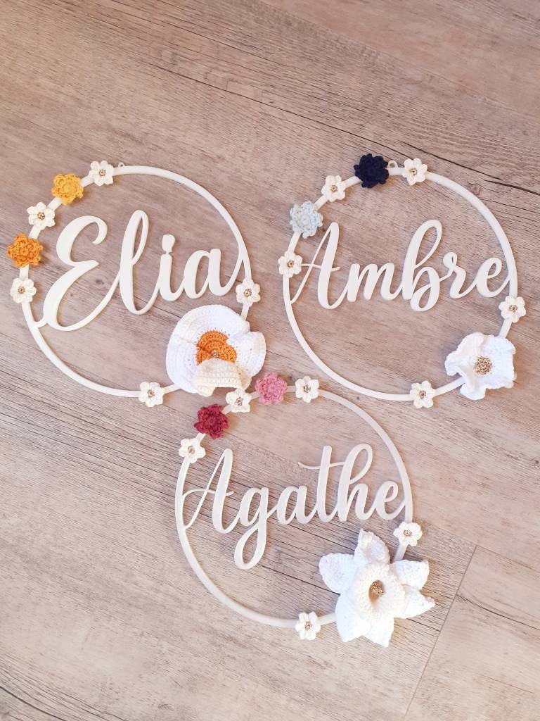 Couronne de Fleurs, Couronne Prénom, Fleurs Prénom Personnalisable, Au Crochet