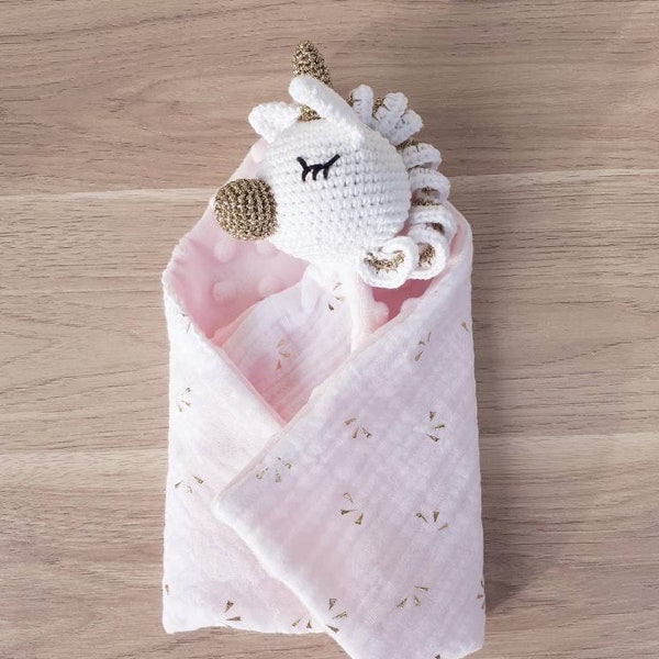 Doudou plat licorne lange et crochet