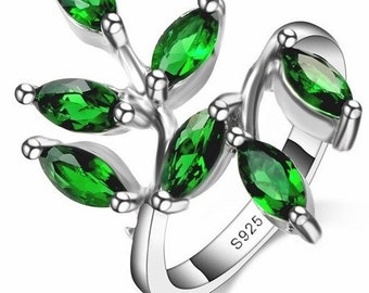 925 Sterling Silver Green Leaves CZ Ring