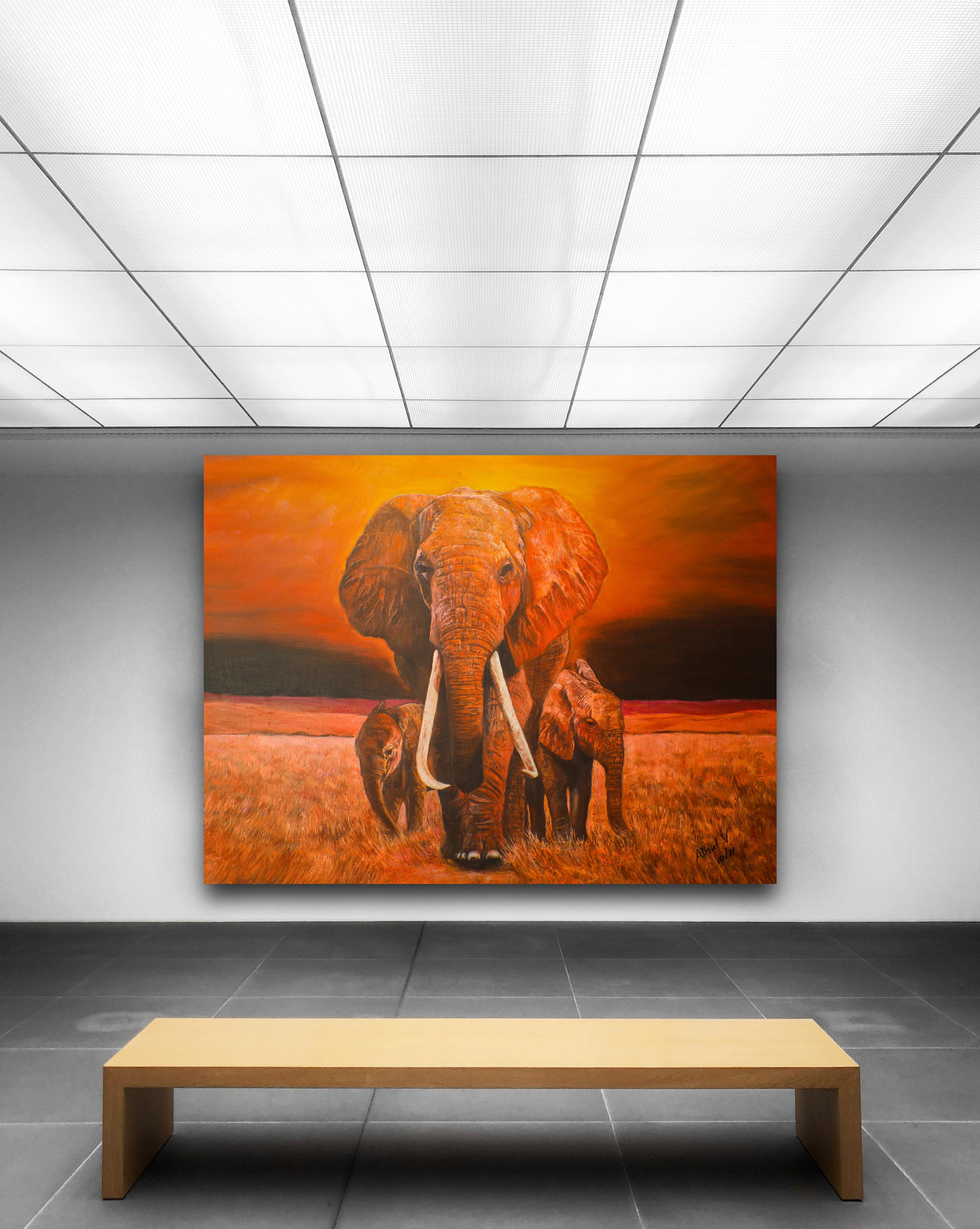 サバンナの美しい象の群れ。リアルでユニークな絵画です。室内装飾用の