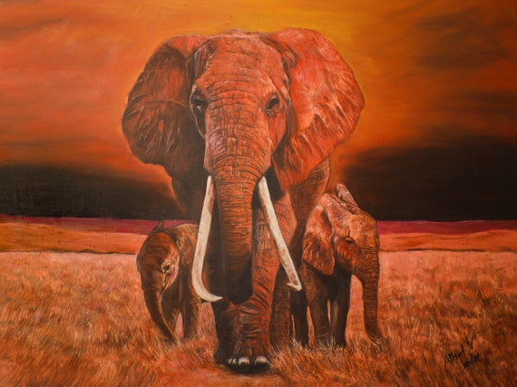 サバンナの美しい象の群れ。リアルでユニークな絵画です。室内装飾用の