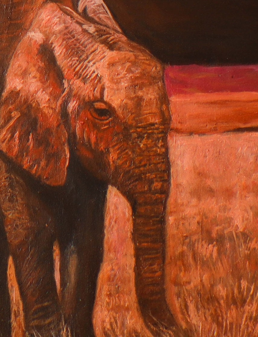 サバンナの美しい象の群れ。リアルでユニークな絵画です。室内装飾用の