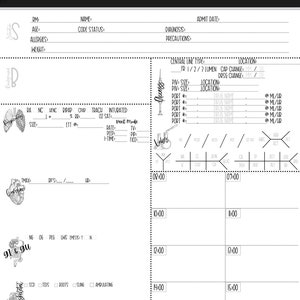 Op de afbeelding: Een witte medische kaart met zwarte tekst en illustraties. De kaart bevat secties voor patiëntinformatie, ademhalingsdetails en een tijdlijn voor monitoring. De tekst bevat medische termen en afkortingen.