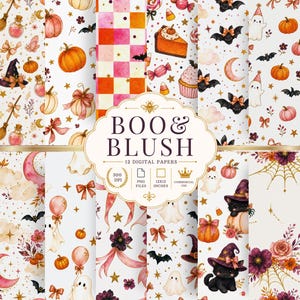 May include: A collection of 12 digital papers titled BOO & BLUSH featuring watercolor illustrations of pumpkins, ghosts, bats, black cats, witches' hats, spiderwebs, flowers, and bows in a palette of orange, pink, black, and gold on white.