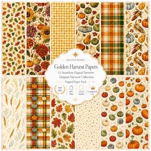 Fall Pumpkin Plaid Seamless Pattern | Watercolor Autumn Leaves Digital Paper (12x12 Inches)