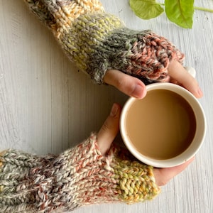 Chunky knit fingerless mittens hand warmers multi colored earth tones wool blend fingerless gloves texting gloves gift for friends
