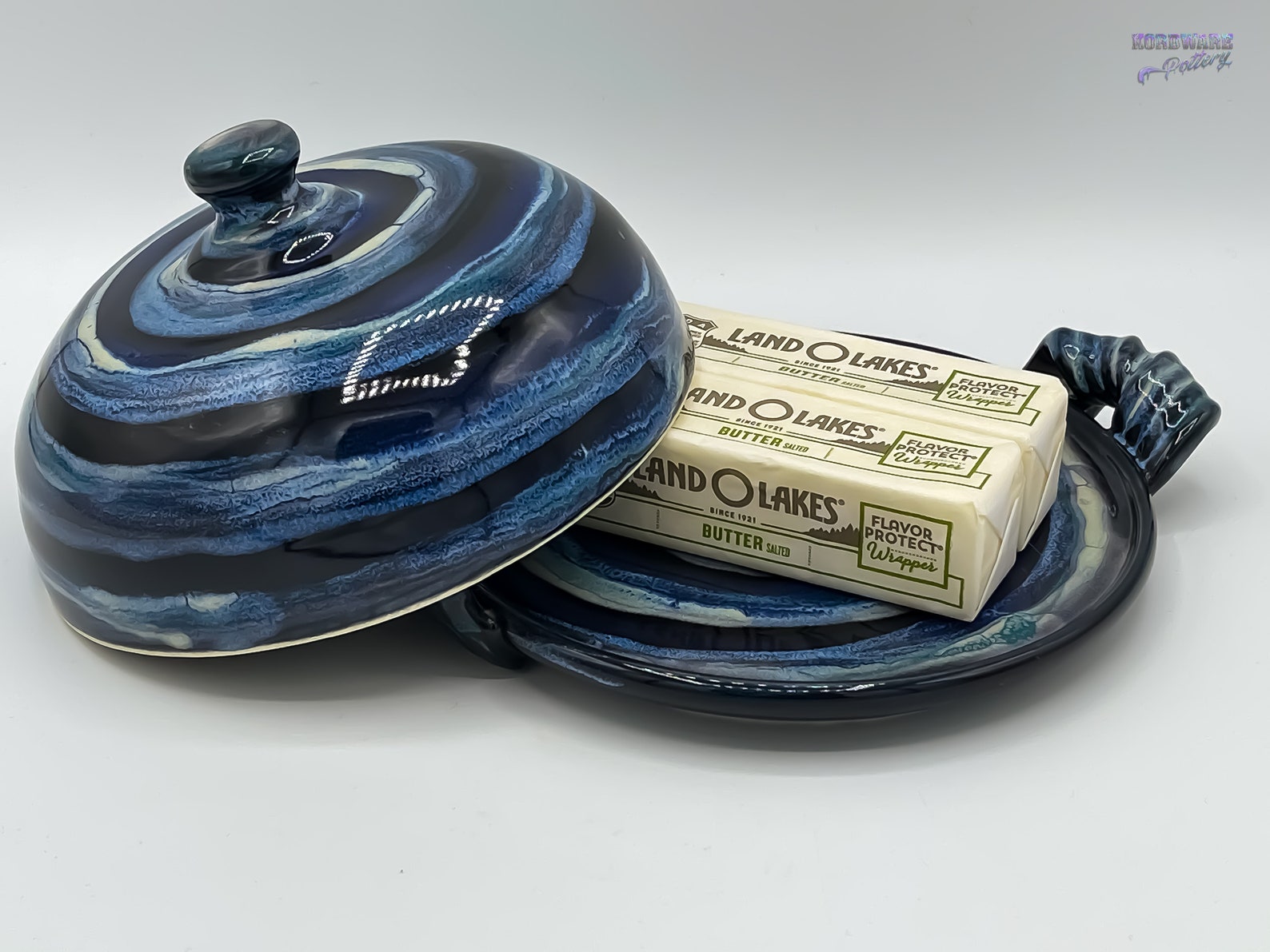 Large Round French Butter Bell Dish SWIRL Blue with Handles Etsy