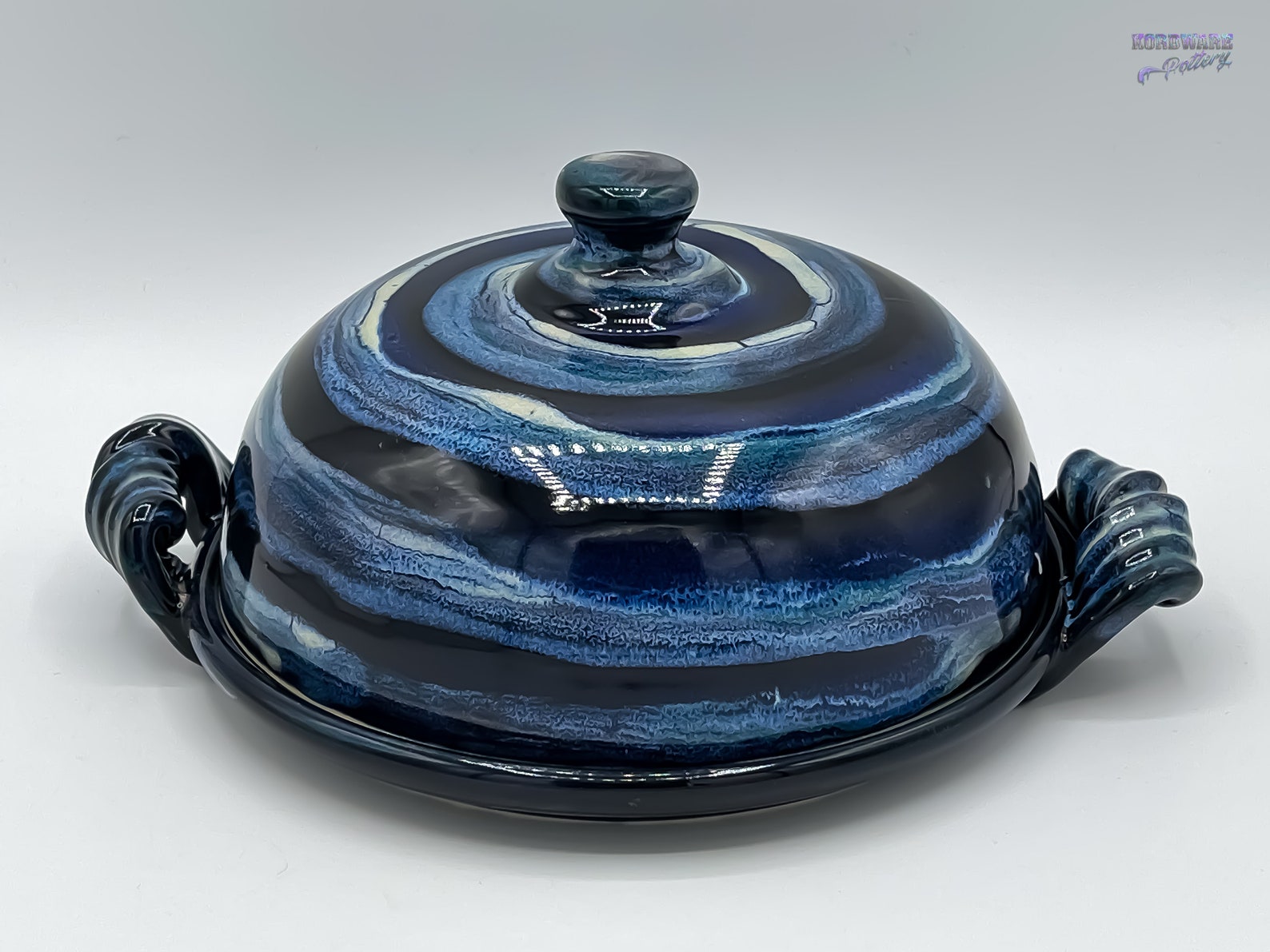 Large Round French Butter Bell Dish SWIRL Blue with Handles Etsy