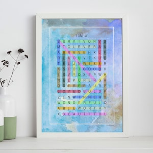 Puzzle di ricerca di parole con affermazioni positive, arte sulla salute mentale, amore per se stessi, sala giochi, stampa per adulti e bambini, regali di gioco d'arte per risolvere i problemi