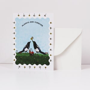Carte de pique-nique des amoureux de la pie, anniversaire, meilleure amie, épouse mère, célébration printemps-été, toujours et pour toujours, cadeau d'art A6 dessiné à la main
