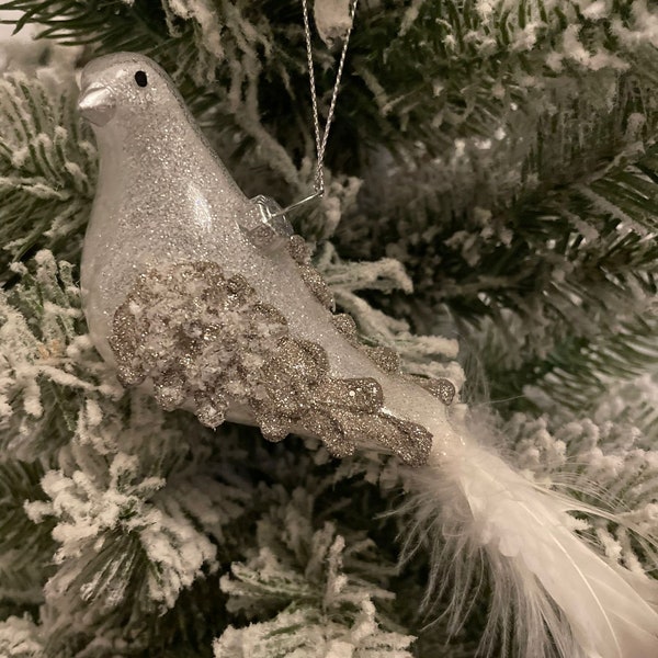 7"glass dove bark looking wing feather ornament.