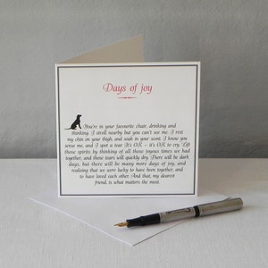 May include: A white card with black text and a black silhouette of a dog. The text reads "Days of joy" and includes a short poem about the joy of companionship.