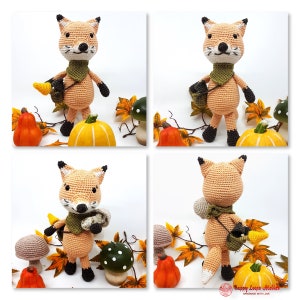 May include: A crocheted fox toy with a green scarf and a brown bag. The fox is standing on a white background with fall-themed decorations, including pumpkins, leaves, and mushrooms.
