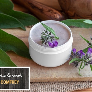 May include: A white jar of comfrey cream with purple comfrey flowers and green leaves on a wooden surface. The jar has a label that says "viva la seeds COMFREY".