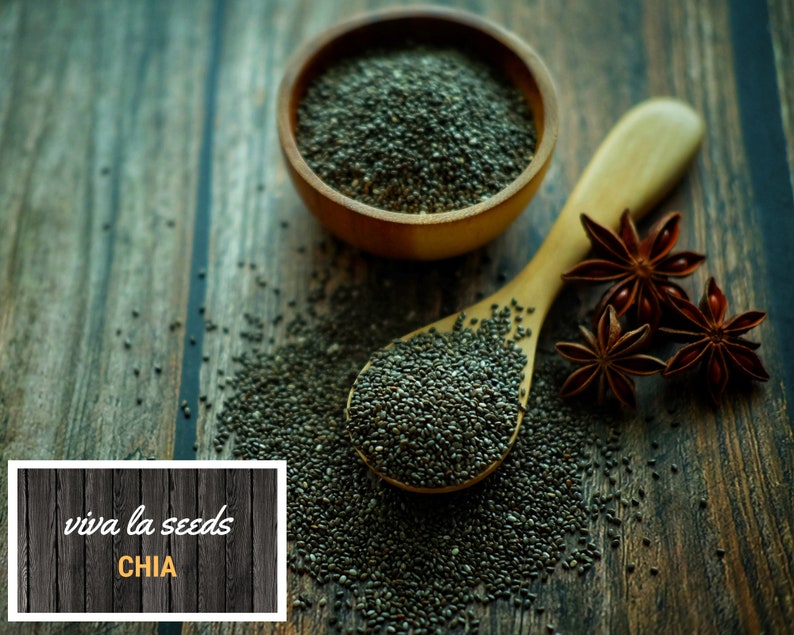 May include: A wooden bowl and spoon filled with chia seeds, with star anise scattered around them on a wooden surface. The text "viva la seeds CHIA" is on a black and white wooden sign.