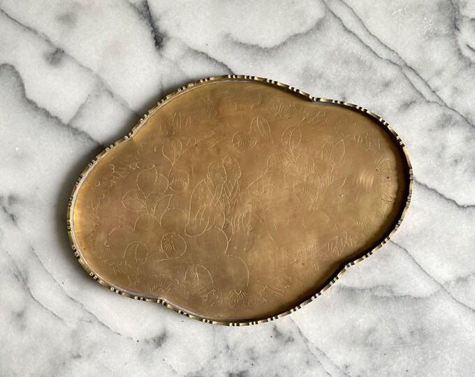 Vintage Brass Bar Tray / Vintage Heavy Etched Brass Tray China Clover