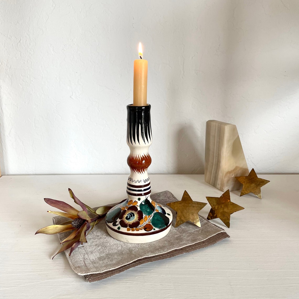 Tonala Hand Painted Candle Holder / Vintage Mexico Pottery Etsy