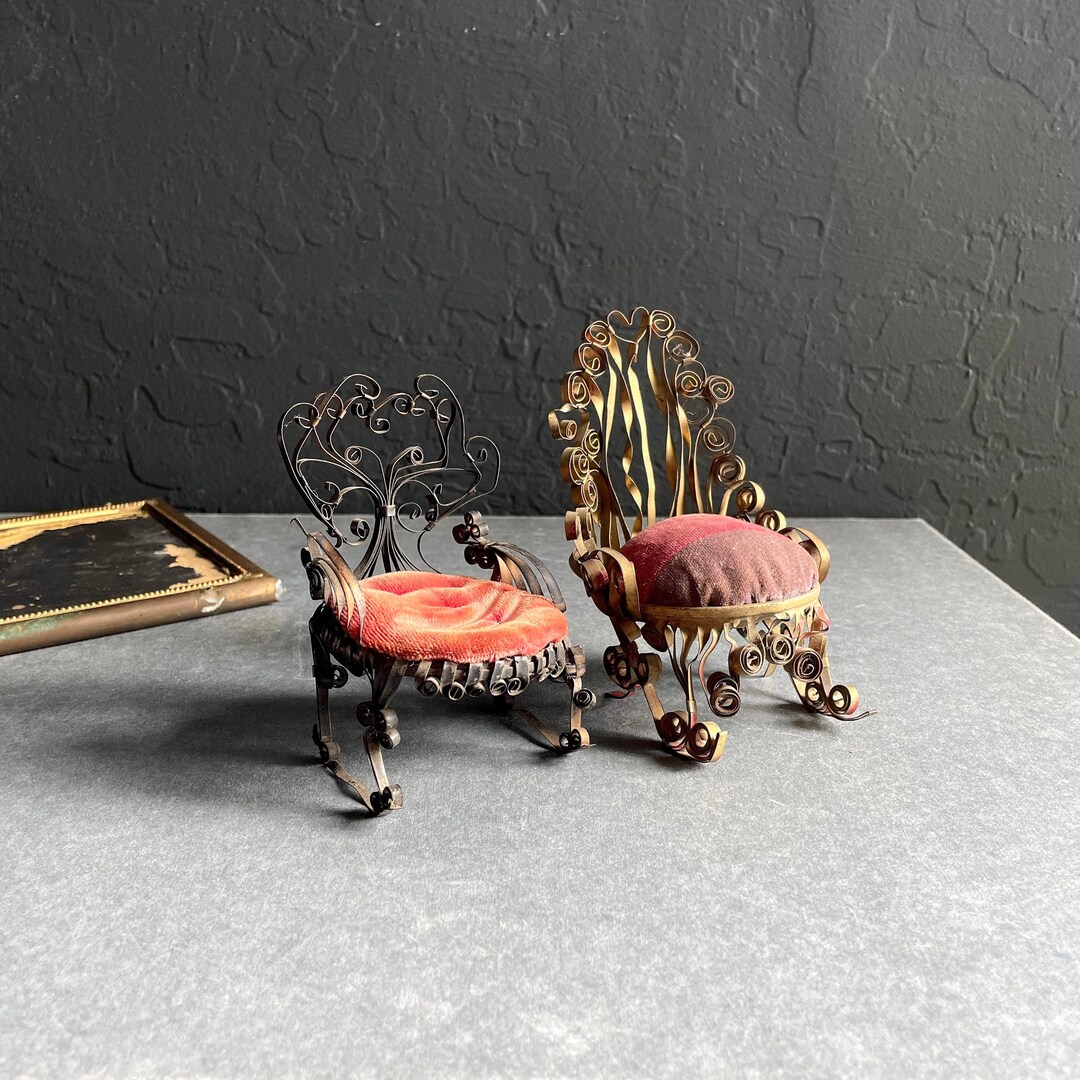 Pair of Vintage Folk Art Tin Can Chairs With Velour Cushions / Vintage