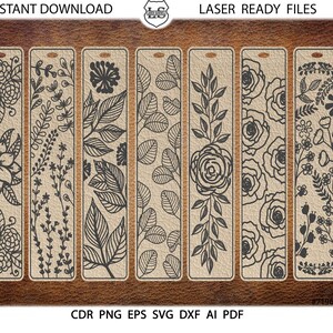 Floral Bookmarks SVG Bundle - Laser Cut Files for Glowforge, Book Quotes Digital Templates with Leather Design Patterns