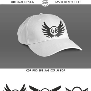 Puede incluir: Una gorra de béisbol blanca con un diseño negro de alas y un círculo que contiene las letras "GB". La imagen también muestra 10 variaciones del diseño de alas y círculo con un círculo en blanco para la personalización.