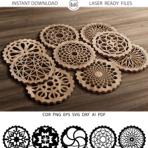 20 Round Coasters SVG, Geometric coasters DXF, Eps, Trivets, Laser Cut Coasters, Glowforge files, Plasma Cricut Cutting File svg CNC cutting