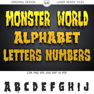 Letras do alfabeto de monstro SVG Letras de desenho animado DXF Alfabeto de Halloween cortável em ferro de vinil para impressão, transferência por calor, silhueta Cricut
