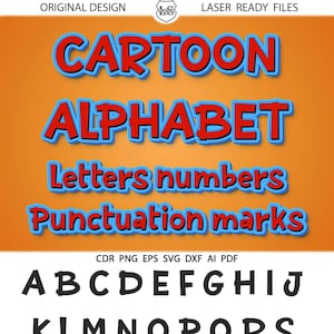 Może przedstawiać: Kreskówkowy alfabet z dużymi i małymi literami, cyframi i znakami interpunkcyjnymi. Litery są czarne i obwiedzione białym kolorem. Cyfry i znaki interpunkcyjne są czarne.