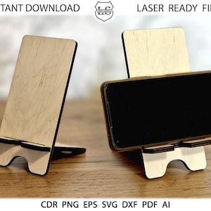 Telefonständer Laser cut Datei, Handy Holzständer, Telefonhalter SVG, Glowforge cut Datei, Telefonhalter für Schreibtisch. Lasergeschnittener Handyständer