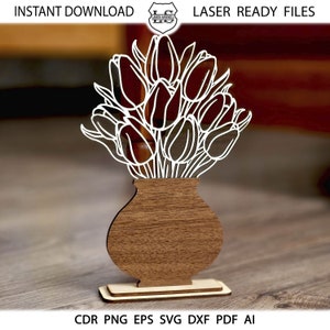 Fichiers découpés au laser Tulipe SVG. Svg fleur de printemps, fichiers coupés Glowforge, tulipe découpée au laser, fichiers découpés prêts au laser pour décoration d'intérieur à téléchargement immédiat