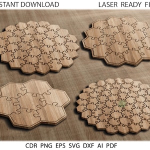 May include: Four wooden jigsaw puzzles with hexagonal and circular shapes. The puzzles are laser cut and ready to be assembled. The image includes the text "INSTANT DOWNLOAD" and "LASER READY FILES".