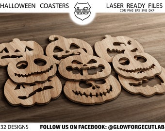 May include: A set of eight wooden Halloween coasters featuring various pumpkin designs with carved faces. The coasters are laser cut and ready to be used. The text "HALLOWEEN COASTERS" and "LASER READY FILES" is visible in the image.