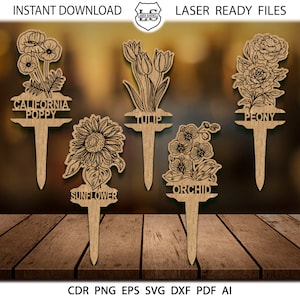 80 Tuinbloemmarkeringen, SVG-bloemstokken, SVG lasergesneden bestanden, Tuinbloemen Glowforge-patroon, Bloemstokkenset, Bloemlabels gesneden set