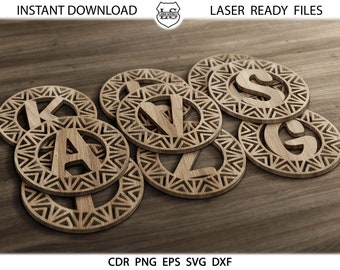 Full Alphabet coasters SVG,  Monogram Templates Full Alphabet Digital Vector Files Svg Dxf Instant Download GlowForge Laser Cricut Cutting