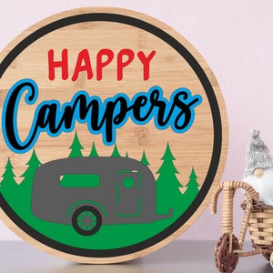 Happy Campers Retro svg, Instant download, Glowforge laser file, Cricut, Silhouette cut file, Round door hanger svg, Camper sign decor