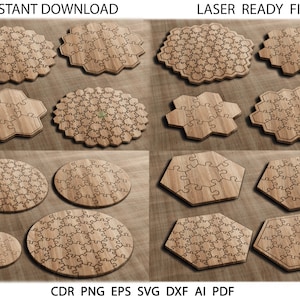 Puede incluir: Ocho diseños diferentes de rompecabezas de madera cortados con láser. Los diseños incluyen círculos, hexágonos y una espiral. El texto "INSTANT DOWNLOAD" y "LASER READY FILES" está en la parte superior de la imagen. El texto "CDR PNG EPS SVG DXF AI PDF" está en la parte inferior de la imagen.