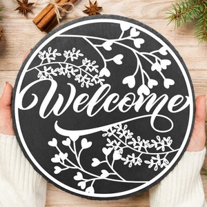 Welcome Flower Round svg, Digital download, Round door hanger svg, Glowforge laser file, Cricut, Silhouette cut file, Spring, Summer sign