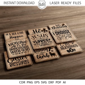 16 christelijke Coasters, religieuze vierkante Coaster Grill Trivet sjablonen Vector SVG DXF-bestanden Instant Download GlowForge snijden Cricut Maker