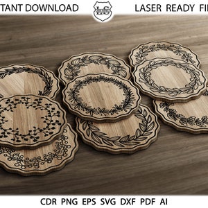 Sottobicchieri floreali per taglio laser, file di taglio svg Glowforge, sottobicchieri autunnali, sottopentola in metallo di legno, sottobicchieri di legno SVG, eps, png Sottobicchieri di legno fai da te
