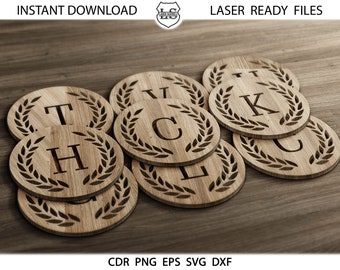 A-Z Monogram Coasters SVG: Glowforge, Laser, CNC, Plasma, Cricut Cutting Files for Round Designs