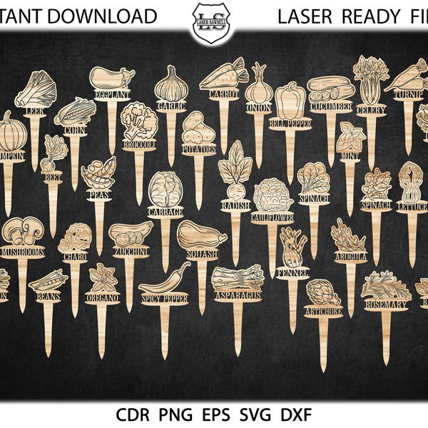 Marqueurs de jardin SVG, fichiers SVG découpés au laser, motif Glowforge de potager, ensemble de piquets de jardin, étiquettes de jardin piquets de jardin cadeau de jardinier