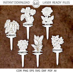 May include: Six white plant markers with gold outlines and names. The names are: Caladium, Monstera, Rose, Gardenia, Petunia, and Ficus.