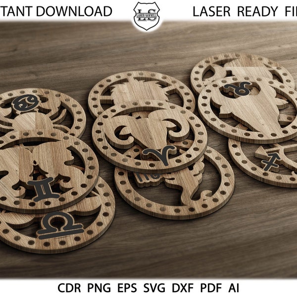 Zodiac coasters, Wood Metal Zodiac Coasters. Wall Decor vector files svg dxf cdr eps png Laser cut files for CNC Trivet Grill Cutting files.