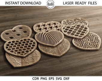 24 Heart Coasters SVG, Glowforge cut files, Wood Coaster Templates, Love svg, Trivet Templates, Laser Cut Wall Decor, Cricut, Silhouette,