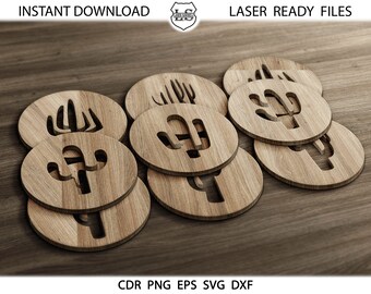 23 Cactus Wood Metal Coaster Trivet Wall Decor Templates Vector Glowforge files, Cnc cut files, Instant download, Digital SVG DXF PNG